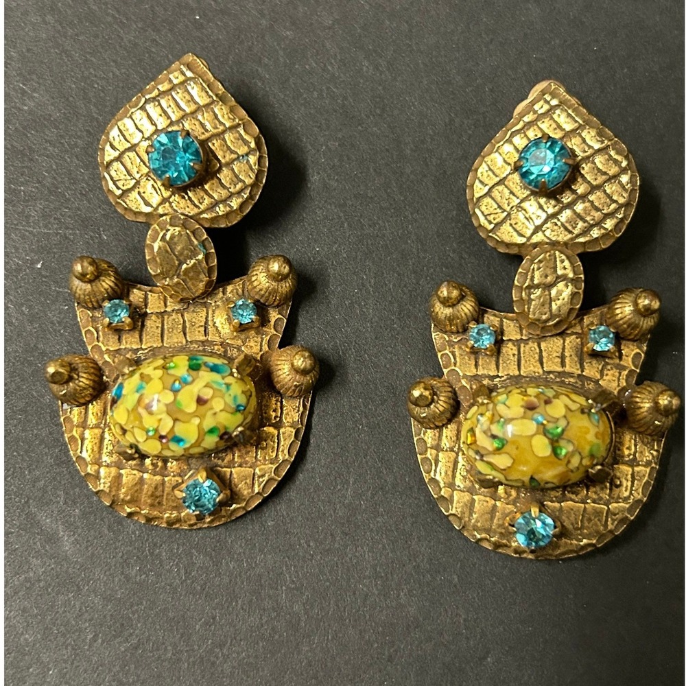 Vintage Jewelry Gold Blue Confetti Glass Bib Necklace Earring Set Brutalist RARE - Picture 2 of 8